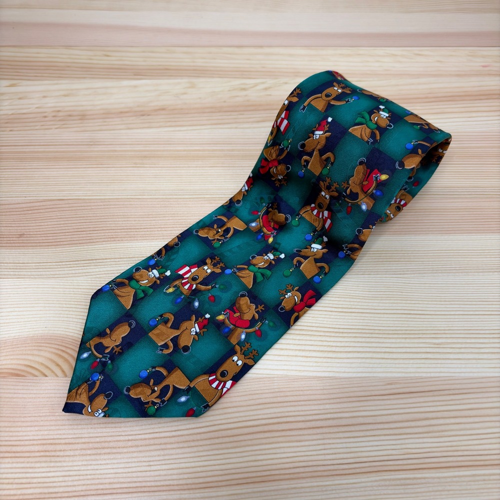 SpecialTIES Hallmark Holiday Silk Tie Men Green Reindeer Christmas Party Novelty